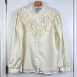 Vintage VTG 80s Lady‎ Holiday Victorian Edwardian Blouse Lace Cottage Prairie M